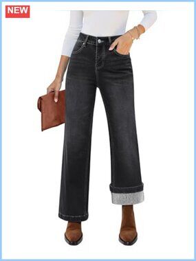 Fleece Lined High Waisted Wide Leg Flare Jeans Stretchy Denim Pants